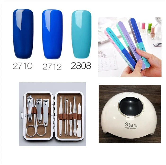 Professional nail care set with stainless steel clippers, polishing tool, and baking lamp for home and salon use