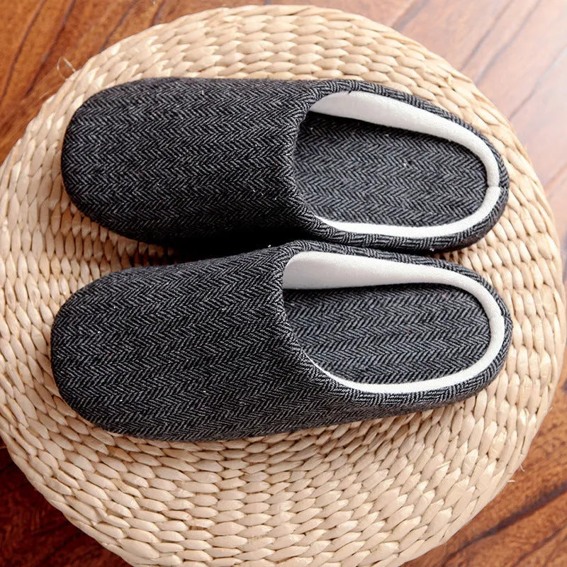 Men's black cotton indoor home slippers with soft anti-skid sole, 260mm to 290mm lengths
