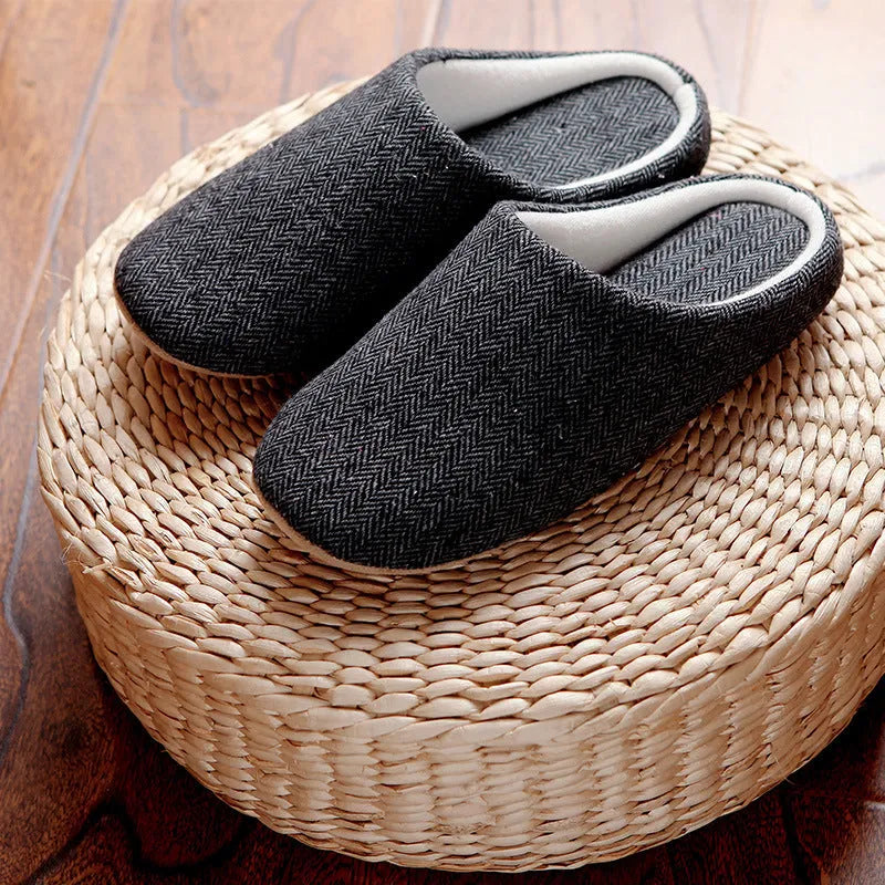 Men's black cotton indoor home slippers with soft anti-skid sole, 260mm to 290mm lengths