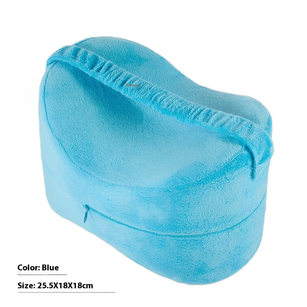 Memory foam leg lock pillow with adjustable clip in lake blue colour, measuring 25.5cm long