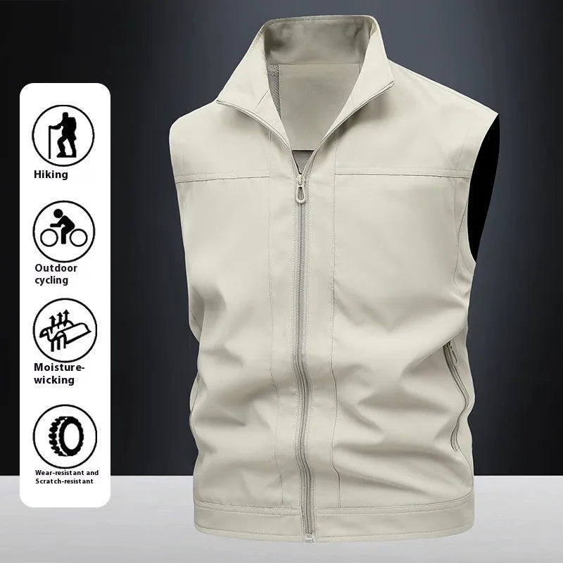 Men's loose fit casual work shirt with a stand-up collar in an army green colour.