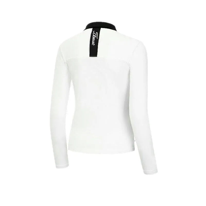 Women's white long-sleeve golf top with slim-fit design for sun protection during outdoor activities