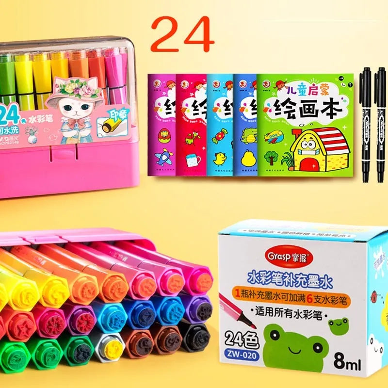 Set of washable painting brushes with hexagonal blue, pink, and yellow handles.