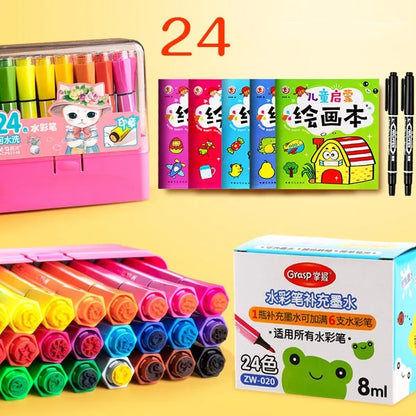 Set of washable painting brushes with hexagonal blue, pink, and yellow handles.