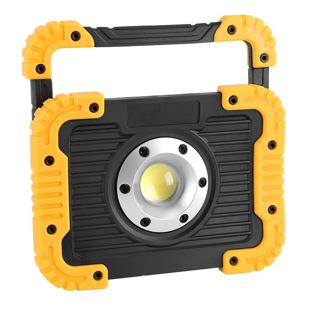 LED camping lantern with rotatable support showing USB ports and battery indicator lights