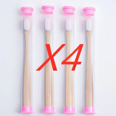 Bamboo toothbrush with wood colour handle measuring 18.5cm long with soft white bristles in protective tube