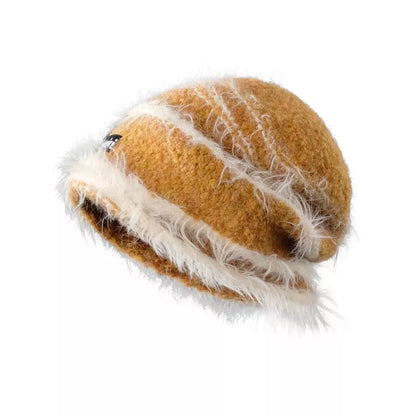 Korean-style plush knitted winter hat in mixed color stripes