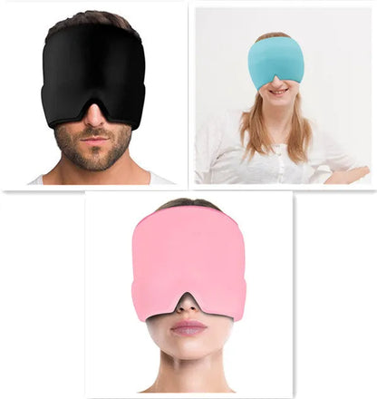 Black elastic gel headache relief mask laid flat showing eye contours and adjustable headband.