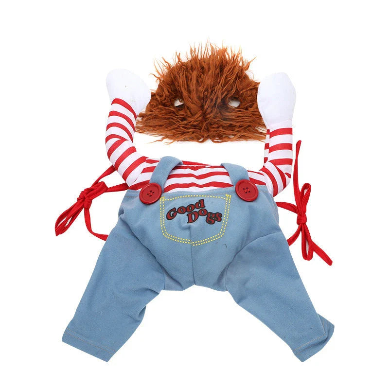 Adjustable polyester pet costume with wig and foam knife accessories, perfect for Halloween celebrations with your furry friend