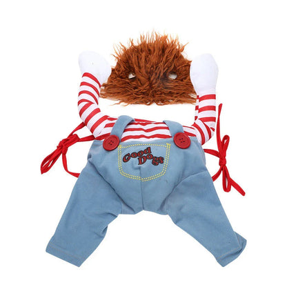 Adjustable polyester pet costume with wig and foam knife accessories, perfect for Halloween celebrations with your furry friend