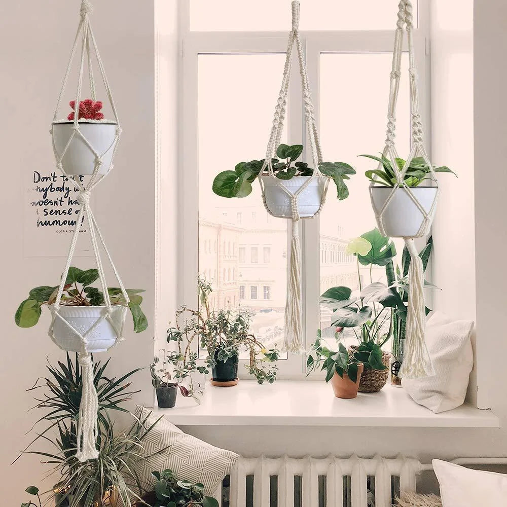 Set of four hand-made macrame hanging baskets for plants, made from 100% cotton rope.