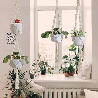 Set of four hand-made macrame hanging baskets for plants, made from 100% cotton rope.