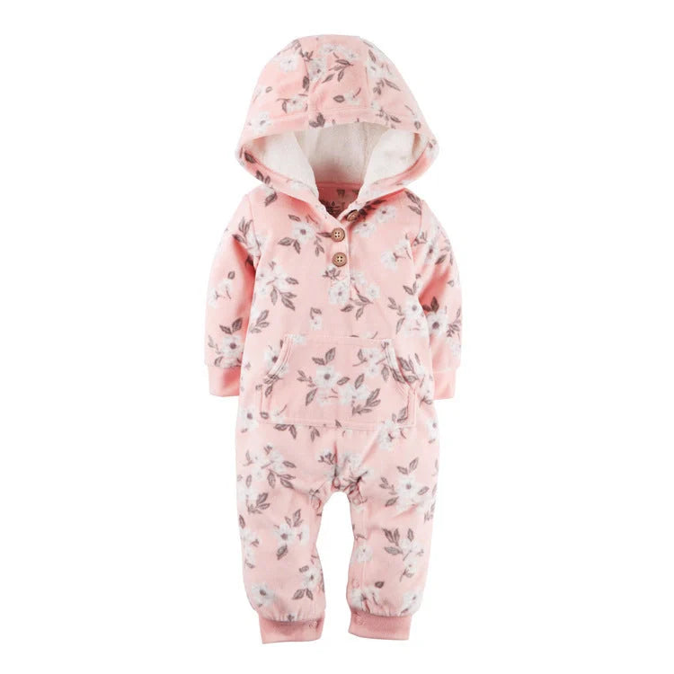 Hooded fleece baby romper in rose red, grey, green, and pink colors with zipper closure