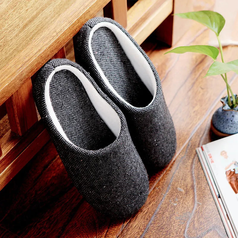 Men's black cotton indoor home slippers with soft anti-skid sole, 260mm to 290mm lengths