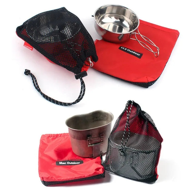 Outdoor travel storage bag set of 5 pieces made from durable 200D Oxford cloth with zipper closure and mesh panels, ideal for organising toiletries and personal items on camping trips and holidays, lightweight at 125g and available in red.