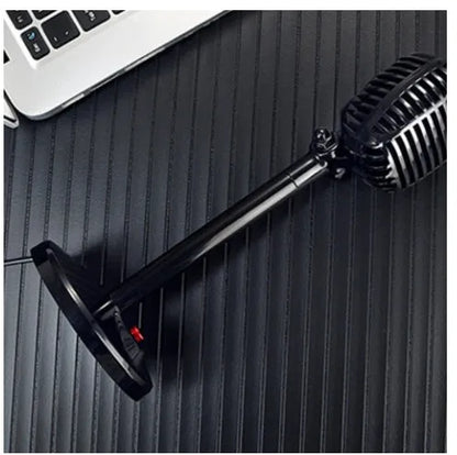 Black USB computer microphone on an adjustable stand with a long cable.