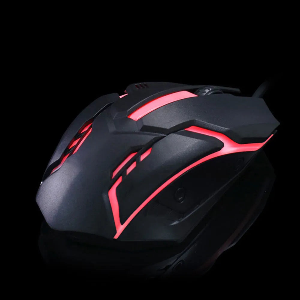 Wired computer mouse with luminous glow in black or white, showing USB cable and three buttons