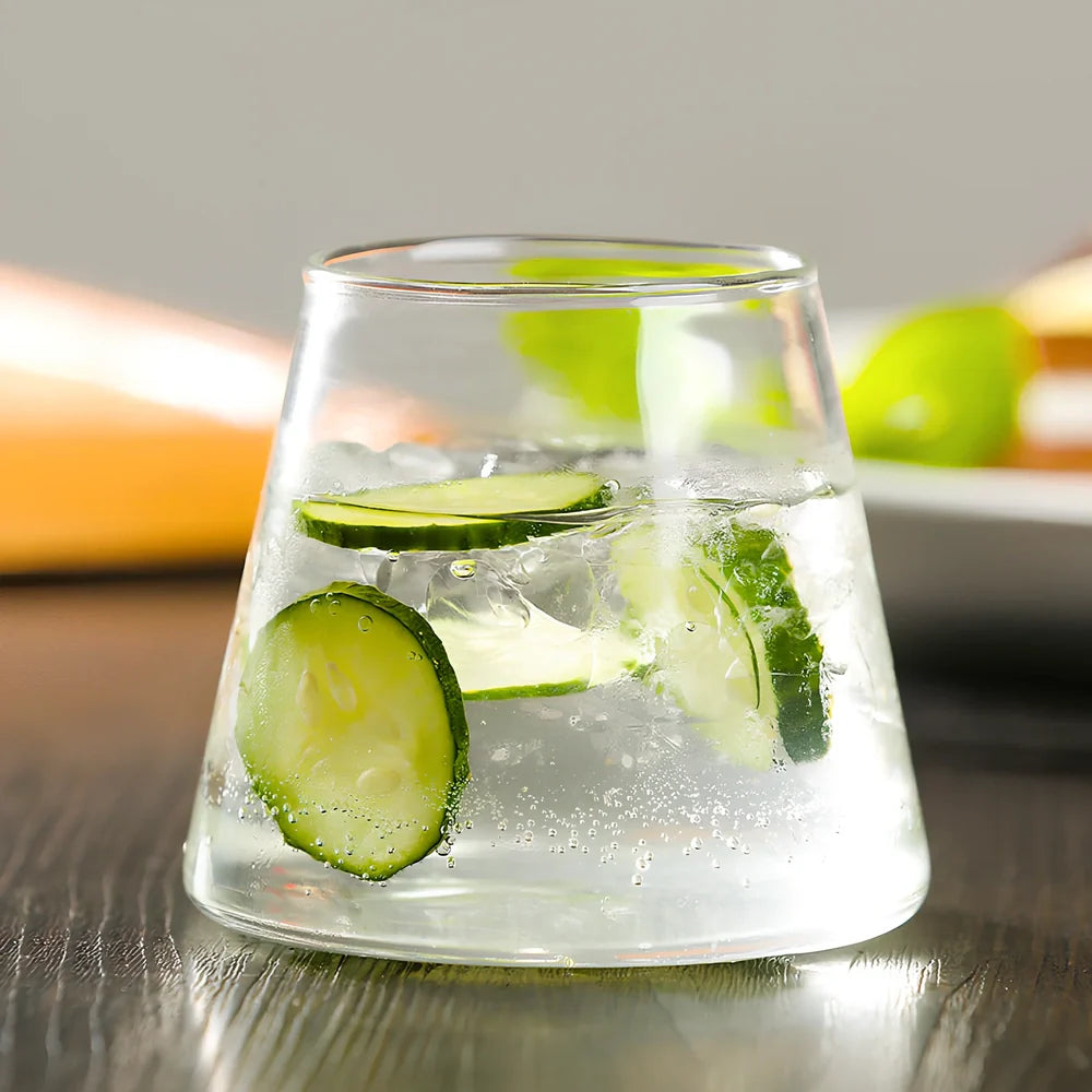 Transparent borosilicate glass cocktail glasses with 300-350ml capacity on wooden table