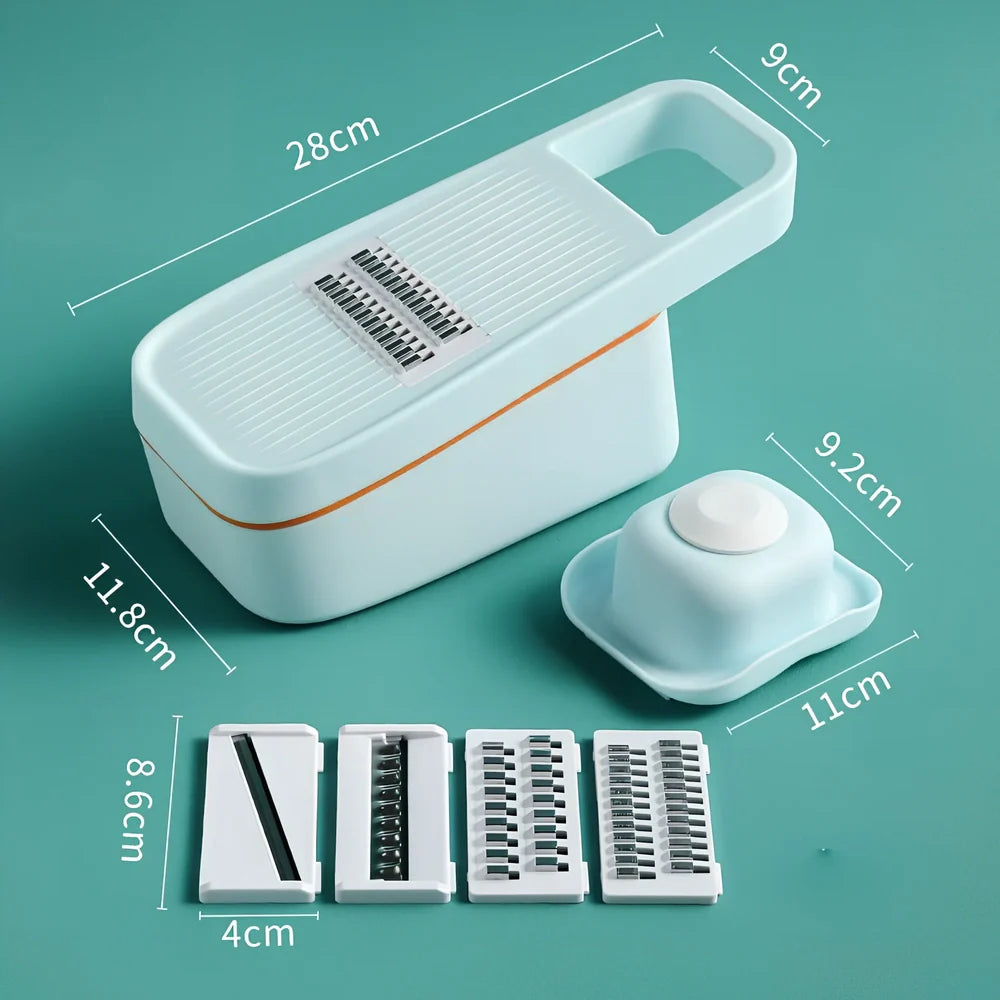 Blue multi-function kitchen cutter with stainless steel blades for slicing and shredding vegetables