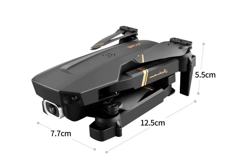 Black folding drone with 4K camera, protective frames, and remote control on grey background