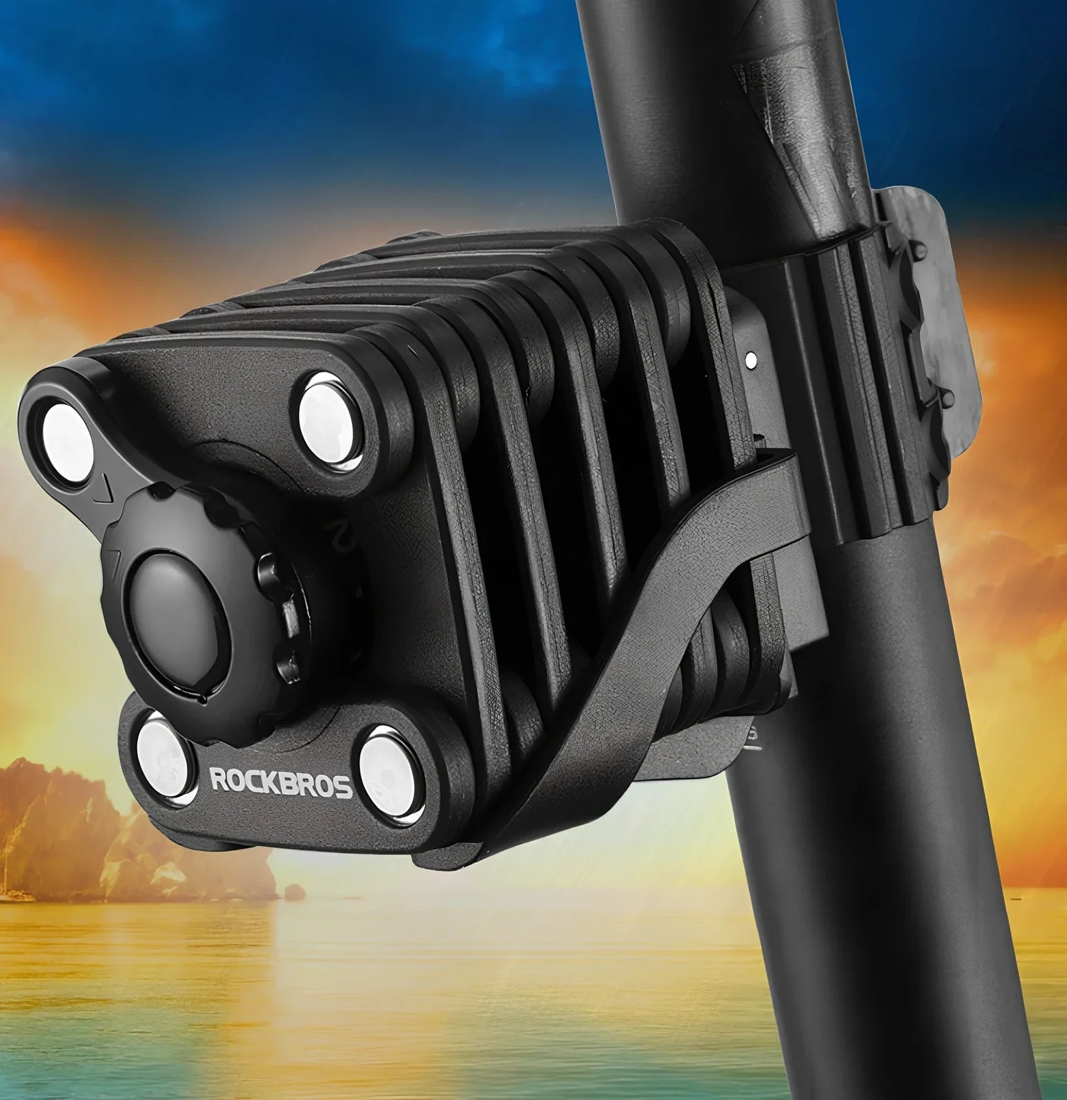 Black folding bicycle anti-theft chain lock, 585mm length with zinc alloy body and 3mm steel joints for secure bike protection