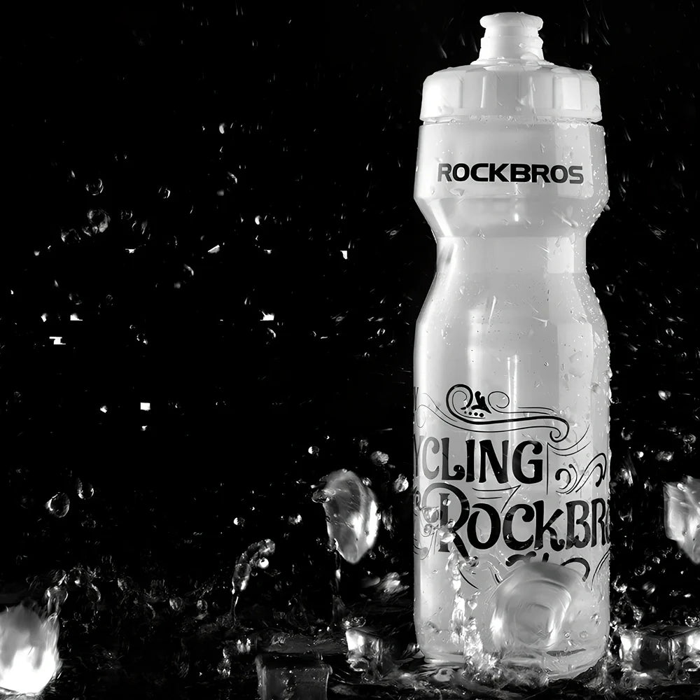 Cycling water bottle with transparent body and white press-type mouth, 750ml capacity