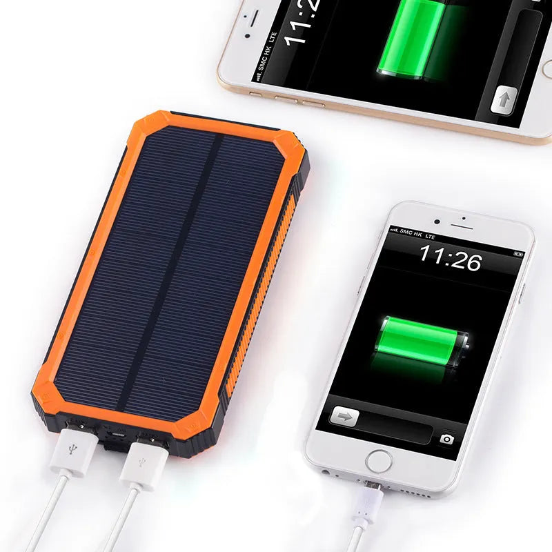 Orange portable solar power bank with USB port and solar panel, showing dimensions of 161x79x17mm.