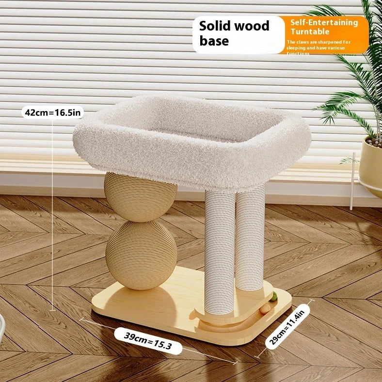 Solid pine cat nest with double ball posts on 40cm square base, showing scratching and resting functions