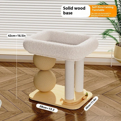 Solid pine cat nest with double ball posts on 40cm square base, showing scratching and resting functions