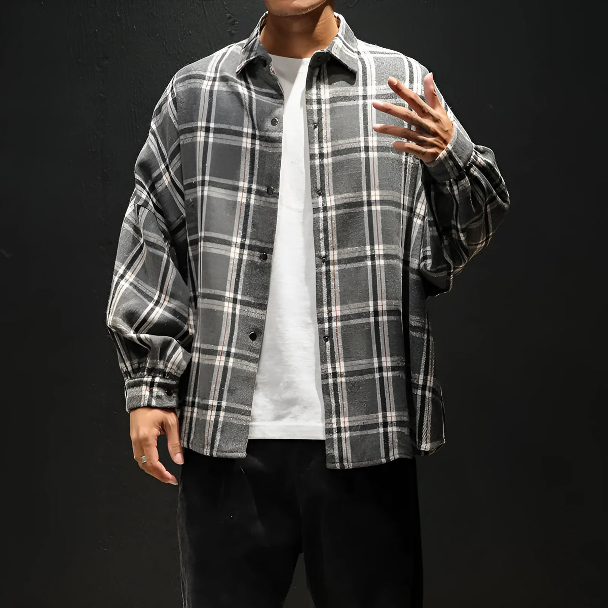 Men's plaid casual long sleeve shirt, cotton, loose fit, square collar, blue brown or grey, sizes L to 5XL
