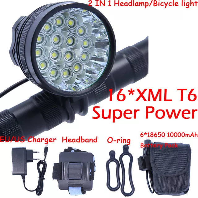 Sixteen Light Bicycle Headlight with 16 T6 lamp beads and 250-meter range in red, blue, or black