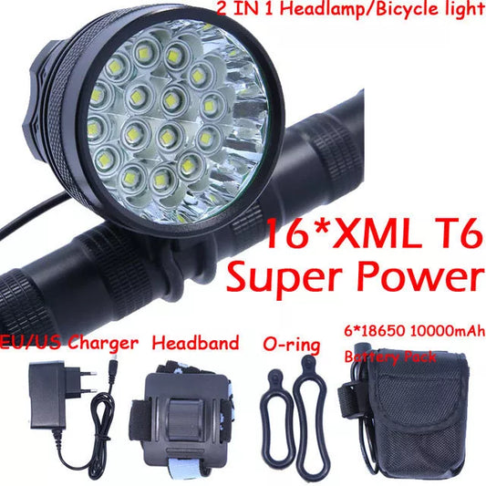 Sixteen Light Bicycle Headlight with 16 T6 lamp beads and 250-meter range in red, blue, or black