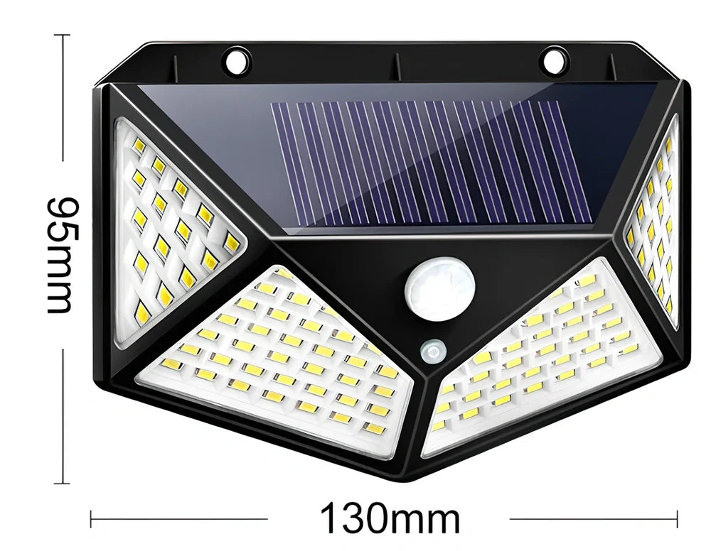 Solar-powered motion sensor wall lamp with 100 LED lights for outdoor courtyard illumination