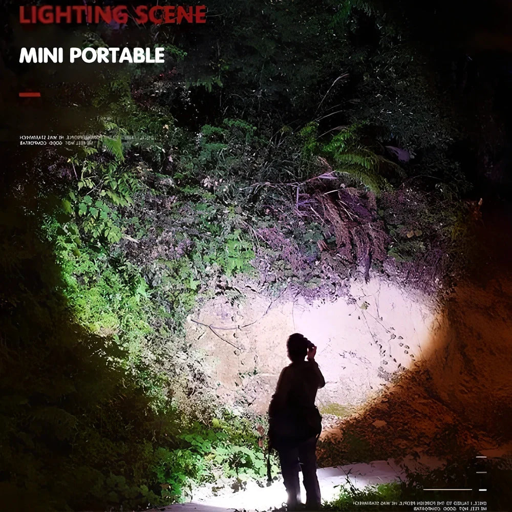 Black aluminium alloy USB rechargeable flashlight with 300m beam range measuring 8.5x2x2cm