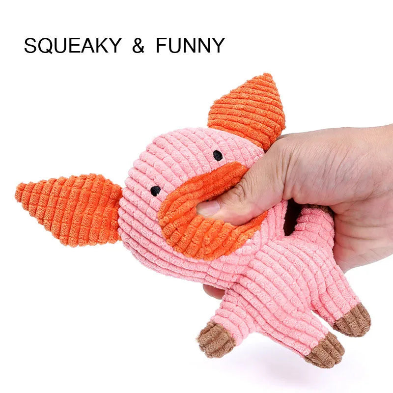 Animal shaped plush dog chew toy with squeaker in bright colours