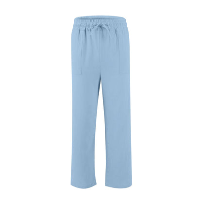 Men's straight leg cotton linen beach trousers with drawstring elastic waist
