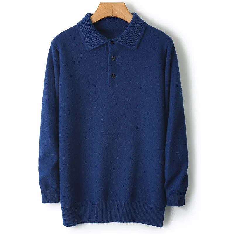 Men's wool sweater with a polo collar and long sleeves, shown in one of seven available colours.