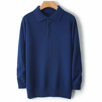 Men's wool sweater with a polo collar and long sleeves, shown in one of seven available colours.