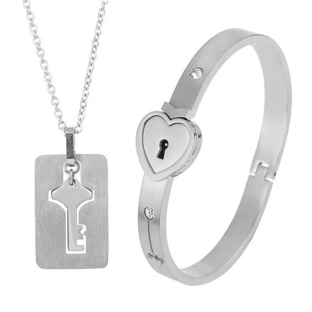Titanium Steel Couple Love Lock Bracelet and Key Set in various colors
