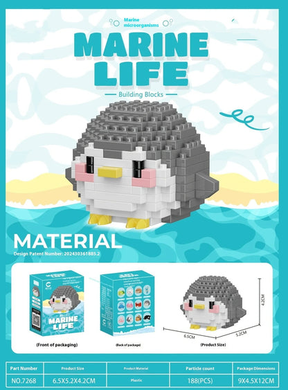 Marine small creature building blocks set showing 12 different sea animal models in colour box packaging