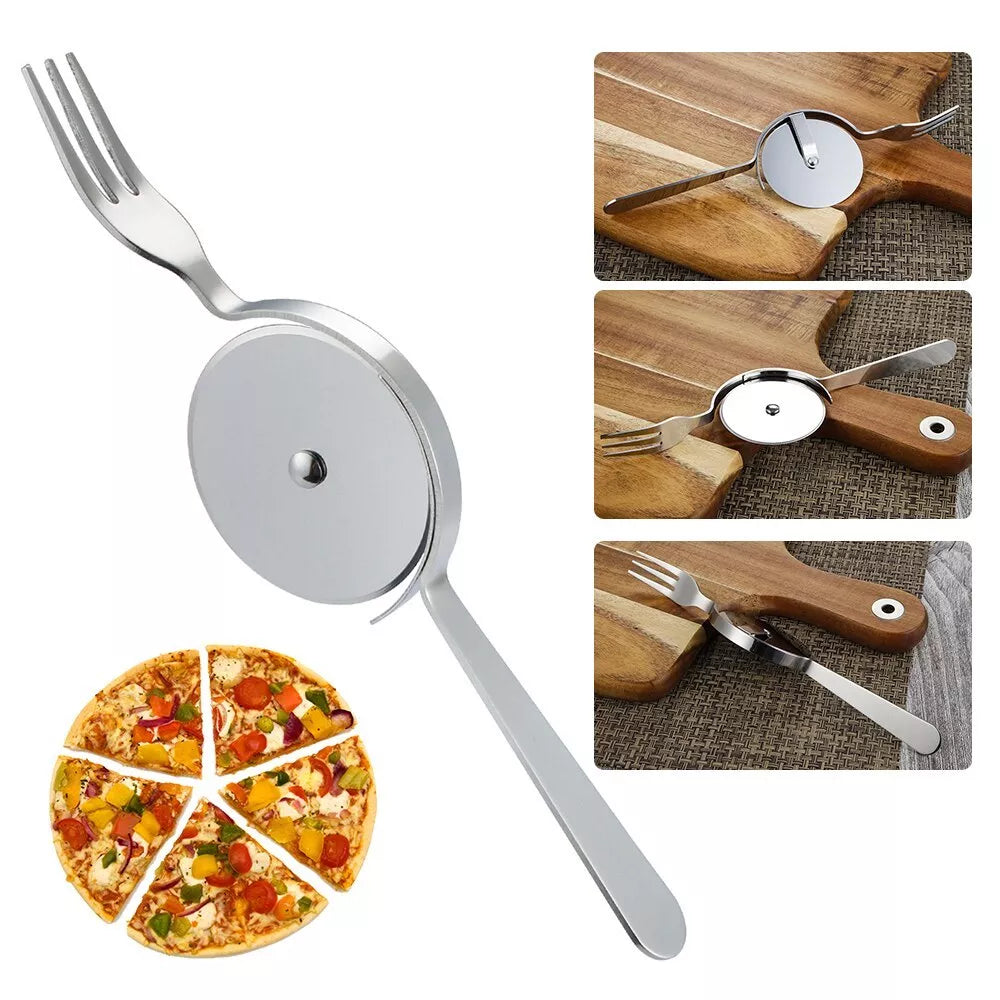 Stainless steel cake cutter with knife and fork set for precise slicing