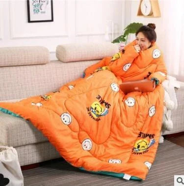 Cozy fleece blanket with sleeves in various colors, perfect for relaxing and enjoying indoor activities