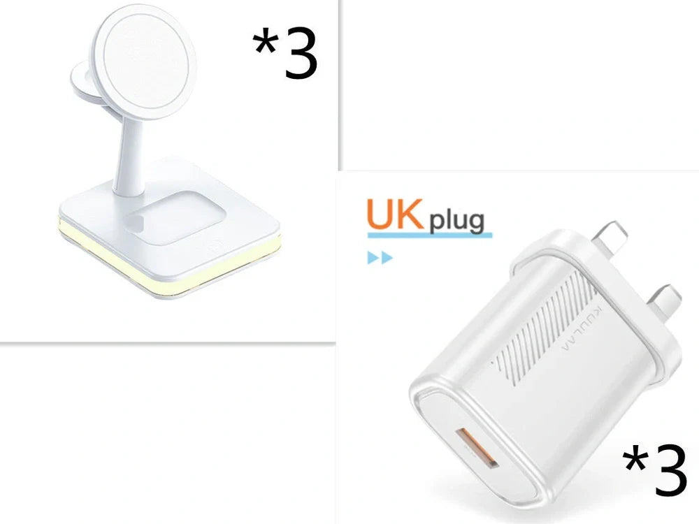 Black three-in-one wireless charger magnetic bracket on a desk charging multiple devices