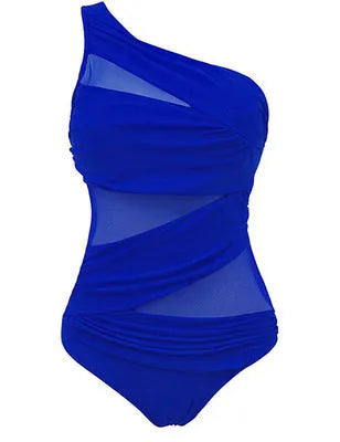 Women's plus size one-piece swimsuit in solid colour nylon with chest pad, available in black, blue, and red, sizes M to 4XL.