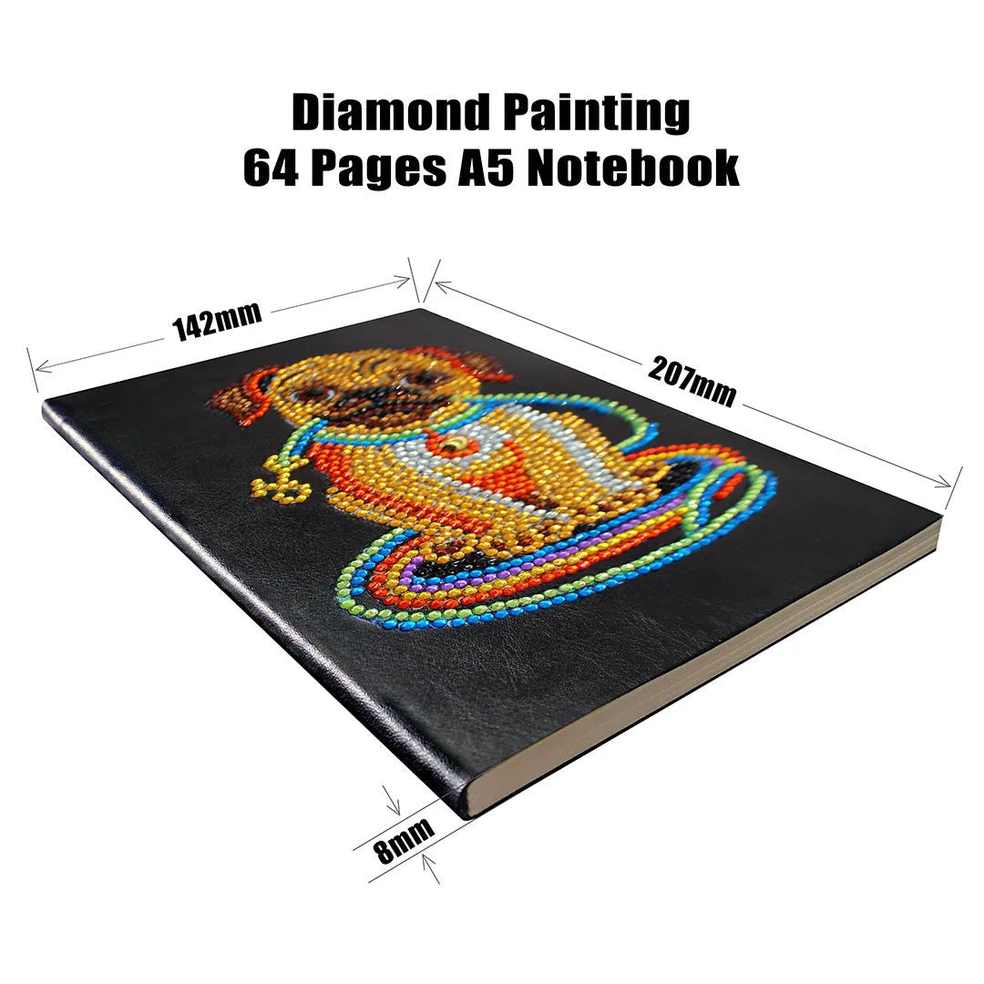 Black A5 diamond painting notebook showing dimensions of 142x207x8mm with 50 pages for creative projects