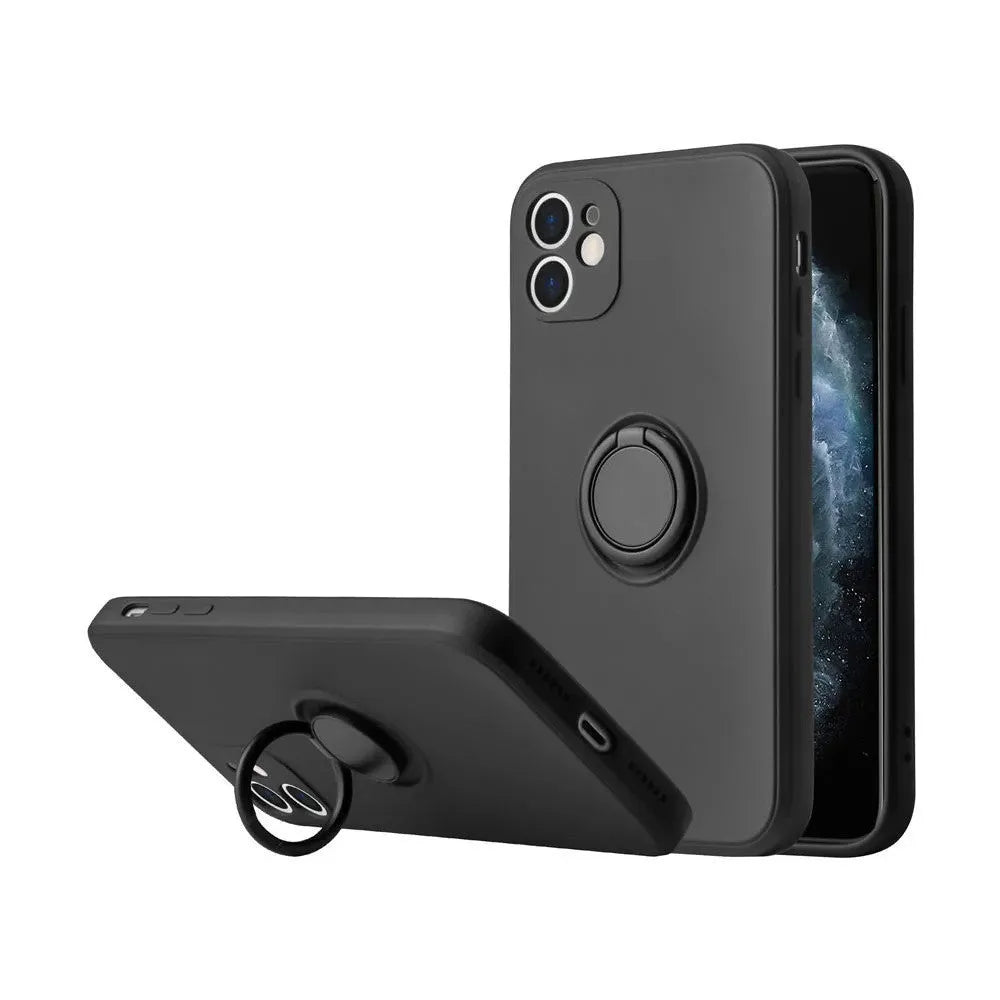 Liquid silicone case with rotating ring bracket for Apple iPhone 12 on a table, shown in green colour.