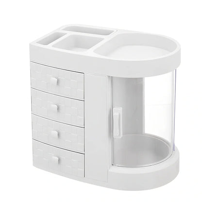 White plastic skincare storage rack with multiple compartments measuring 29.5cm wide