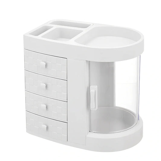 White plastic skincare storage rack with multiple compartments measuring 29.5cm wide