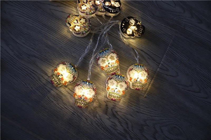 Halloween Skull LED Light Strings with warm white illumination and a spooky, haunting atmosphere