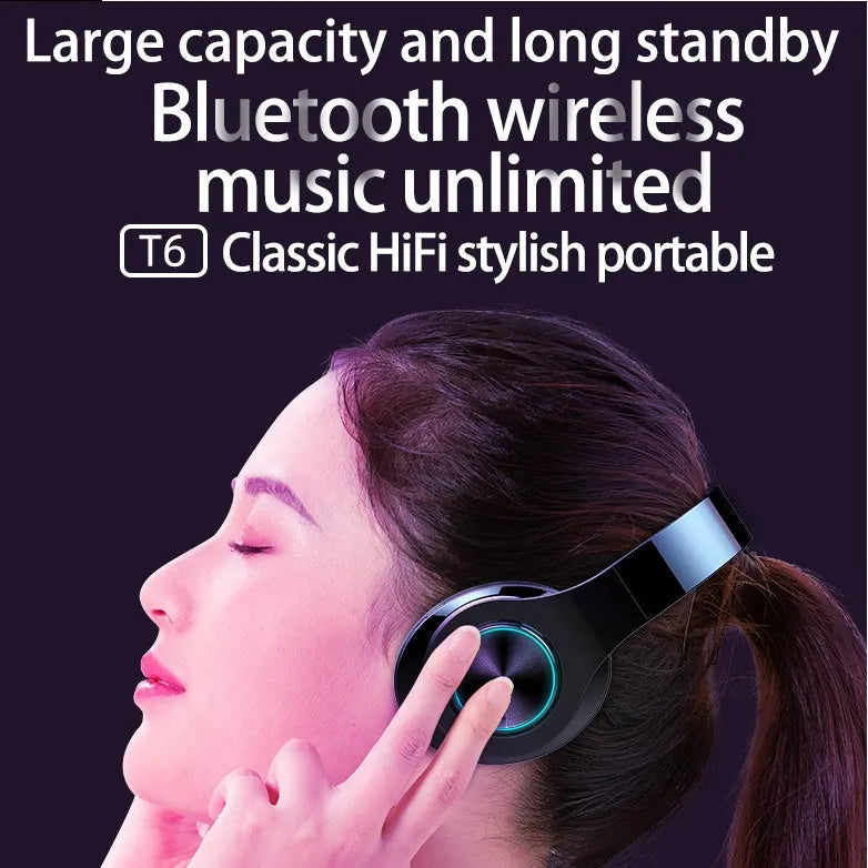 T6 wireless Bluetooth over-ear headset with microphone for calls and music
